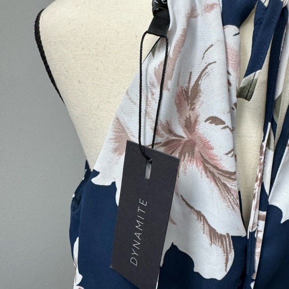 Dynamite Floral Halter Neck Dress Navy and White Sleeveless Elastic Waist M - Picture 5 of 9